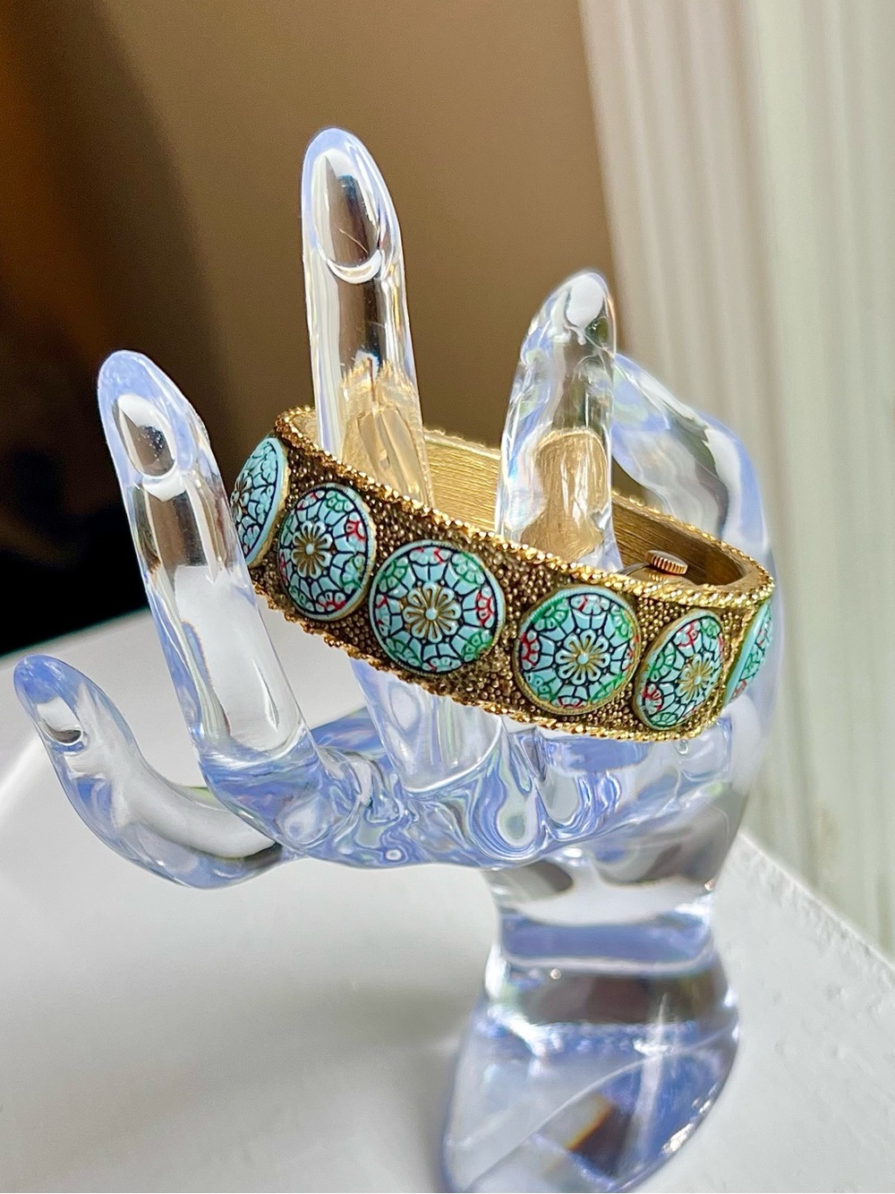 Vintage Belair 17 Jewels Turquoise Mosaic Cuff Bangle Watch Gold Tone